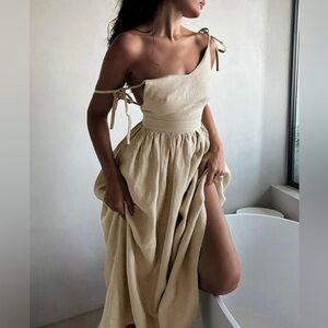 Commense Beige Off-Shoulder Maxi Dress